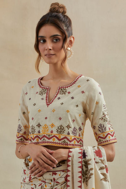 Dia beige printed cotton sari with blouse