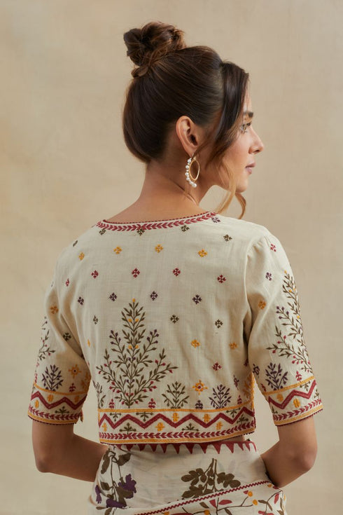 Dia beige printed cotton sari with blouse