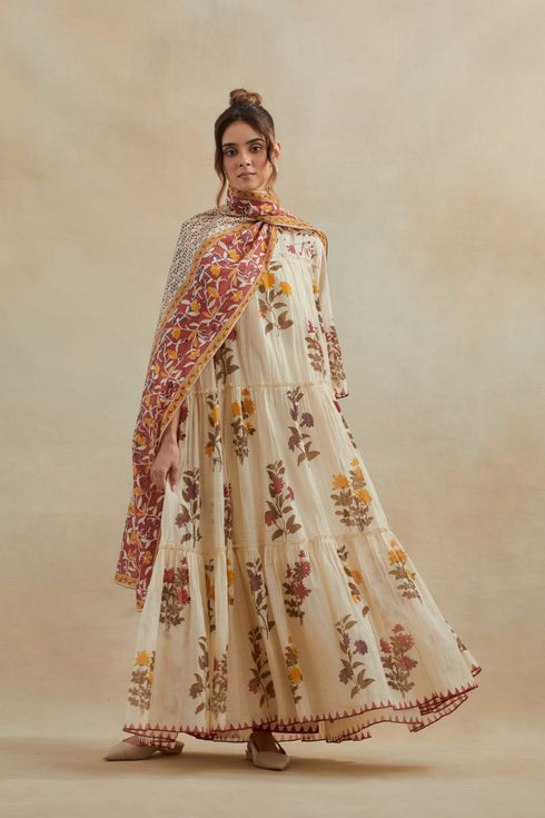 Dia beige printed three-tiered kurta set