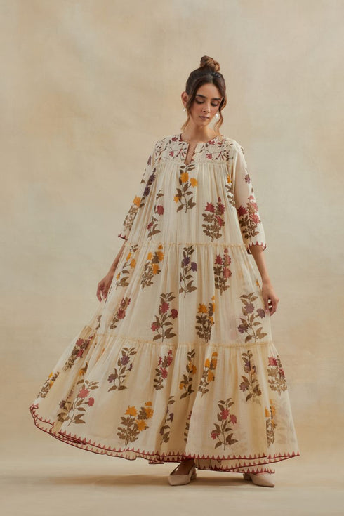 Dia beige printed three-tiered kurta set