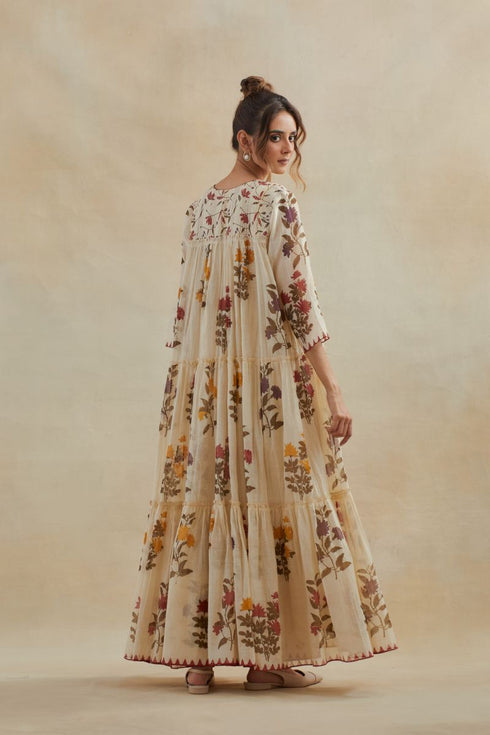 Dia beige printed three-tiered kurta set