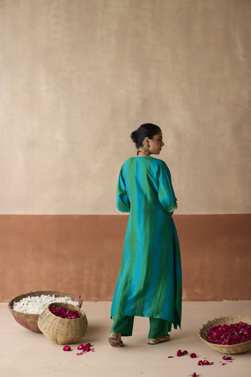 Dual tone emerald green and blue tie dye kaftan set