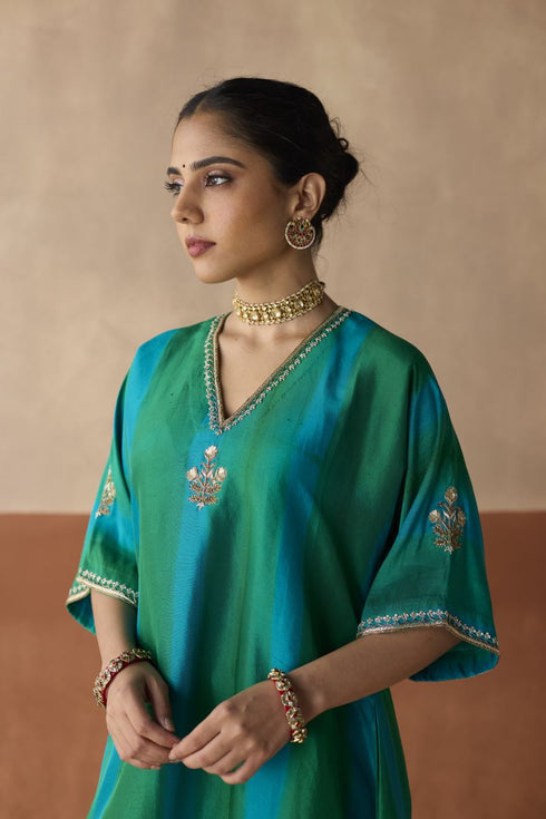 Dual tone emerald green and blue tie dye kaftan set