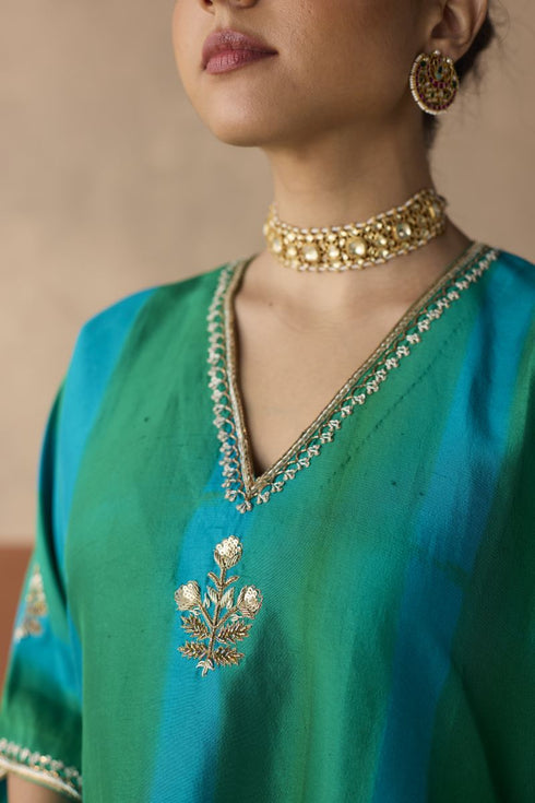 Dual tone emerald green and blue tie dye kaftan set