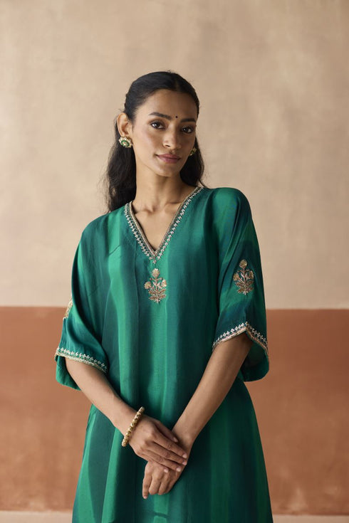 Dual tone forest green tie dye kaftan set