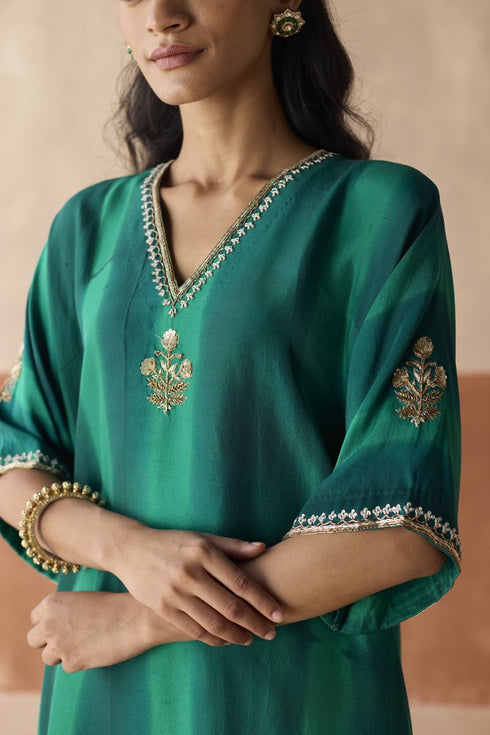 Dual tone forest green tie dye kaftan set