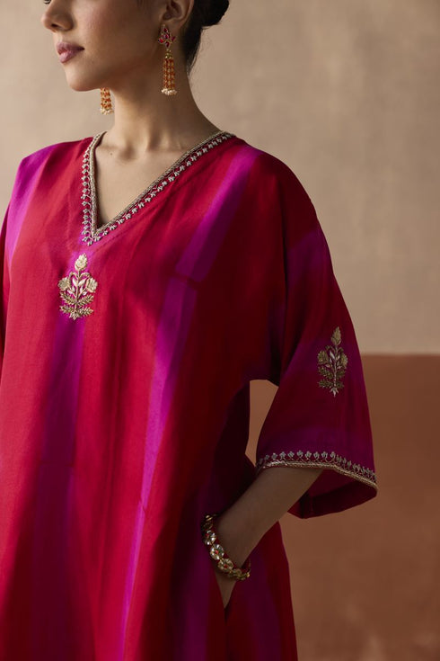 Dual tone maroon and magenta tie dye kaftan set
