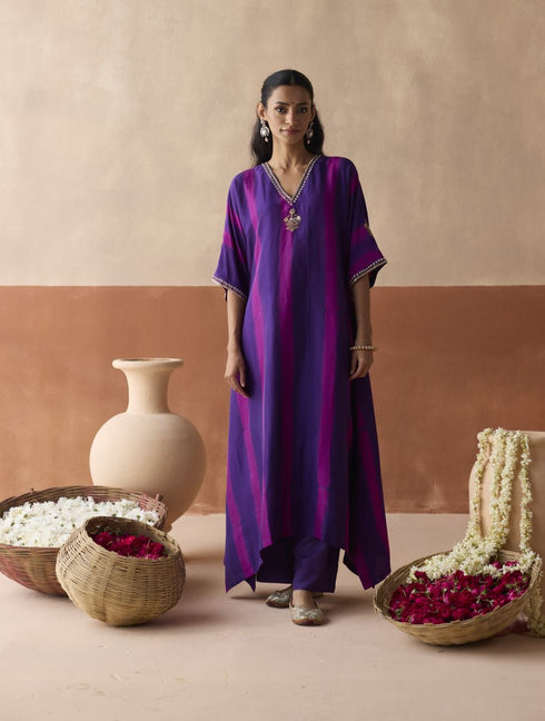 Dual tone purple patta tie dye kaftan set