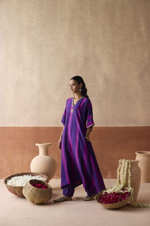 Dual tone purple patta tie dye kaftan set