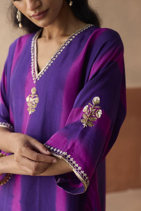 Dual tone purple patta tie dye kaftan set