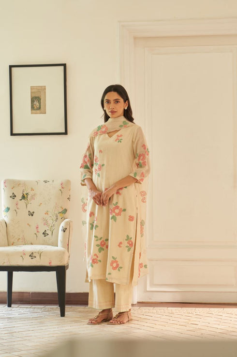 Ecru applique kurta set