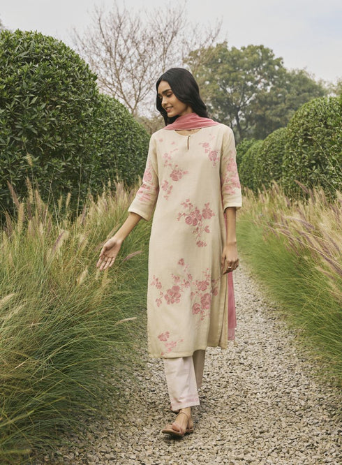 Ecru floral applique kurta set