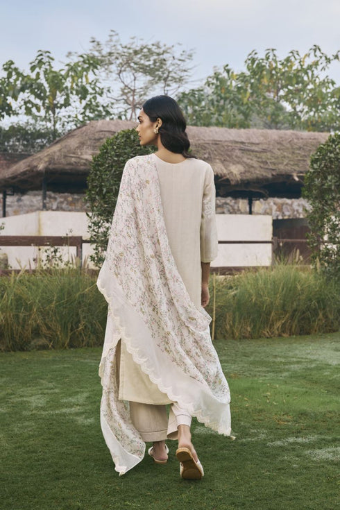 Ecru floral kurta with pants and dupatta
