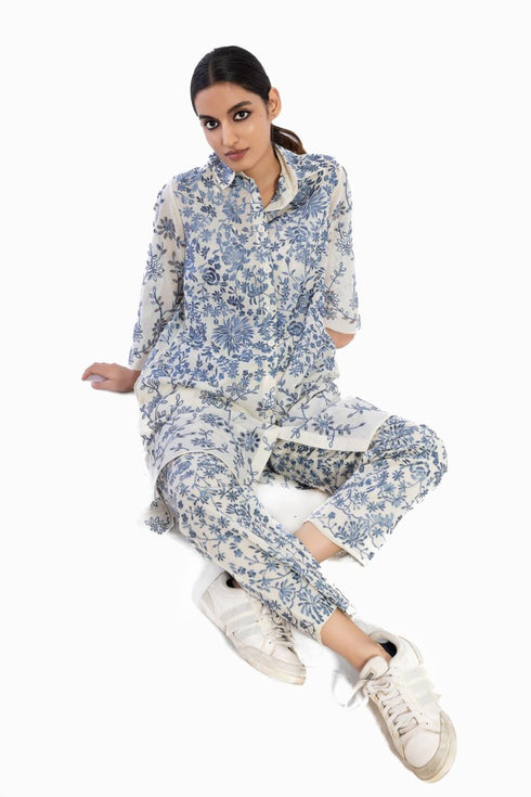 Ecru thread and cutwork embroidered tunic