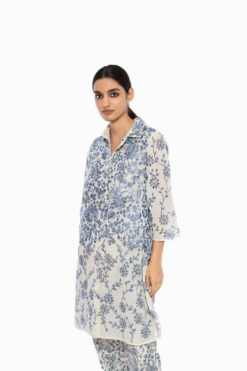 Ecru thread and cutwork embroidered tunic