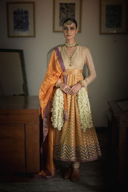 Faridkot jaafi kesaria orange, jamun purple and gold kurta