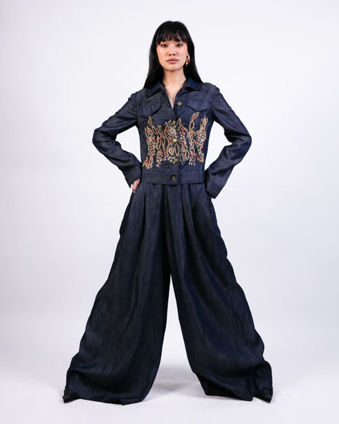 Fitted embroidered jacket with flared pants
