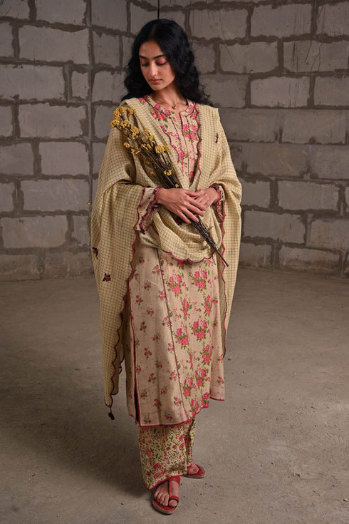 Fleur beige printed check dupatta