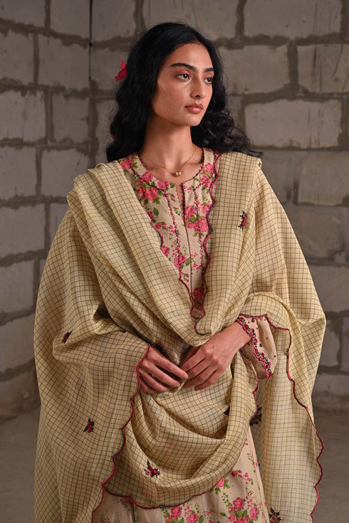 Fleur beige printed check dupatta