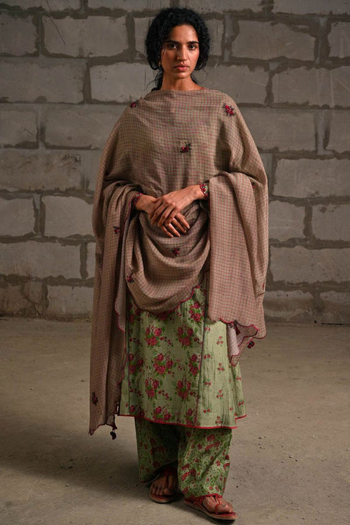 Fleur green printed check dupatta