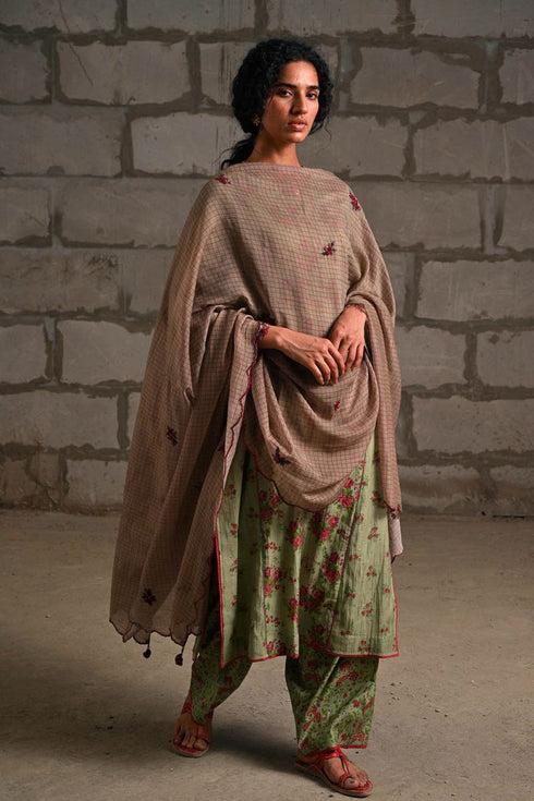 Fleur green printed check dupatta