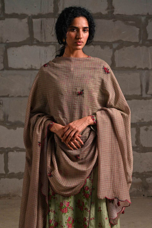 Fleur green printed check dupatta