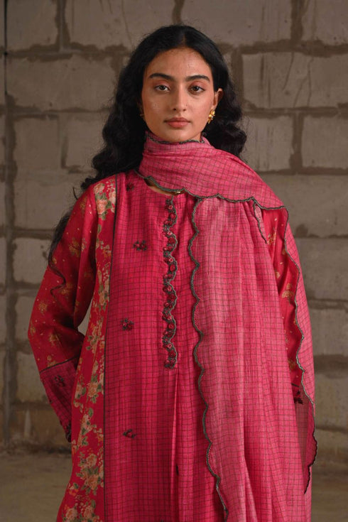 Fleur pink printed check dupatta