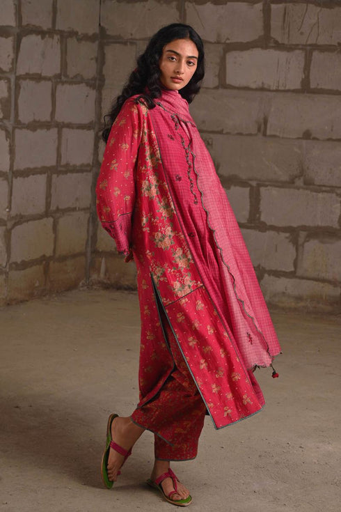 Fleur pink printed check dupatta