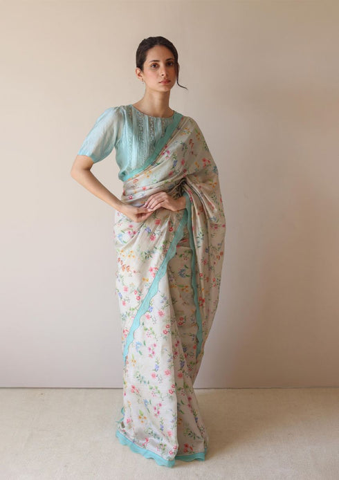 Forest breeze beige scalloped sari