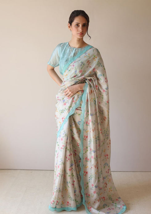 Forest breeze beige scalloped sari