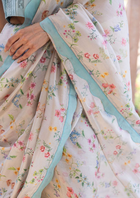 Forest breeze beige scalloped sari