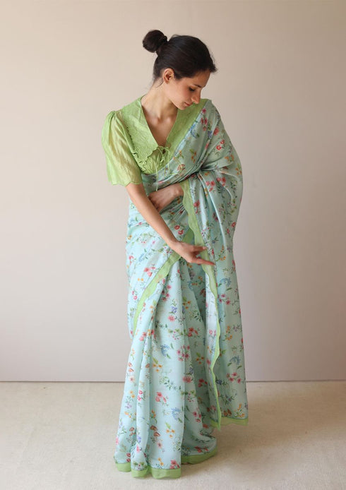 Forest breeze blue scalloped sari