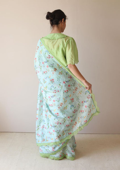 Forest breeze blue scalloped sari