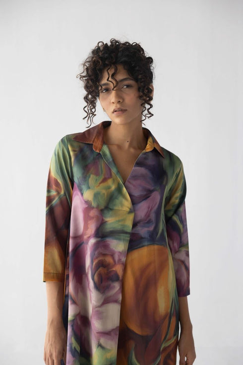 Fruit farm multicolor V-neck collar long dress