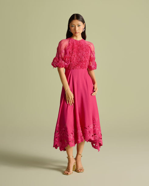 Fuchsia 3D rose applique and cutwork flounce dress
