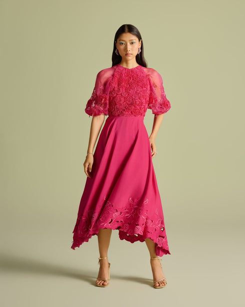 Fuchsia 3D rose applique and cutwork flounce dress