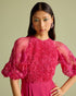 Fuchsia 3D rose applique and cutwork flounce dress