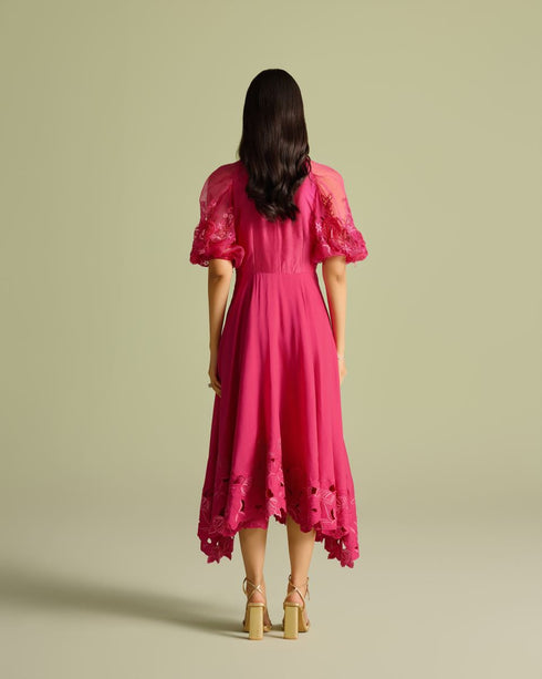 Fuchsia 3D rose applique and cutwork flounce dress