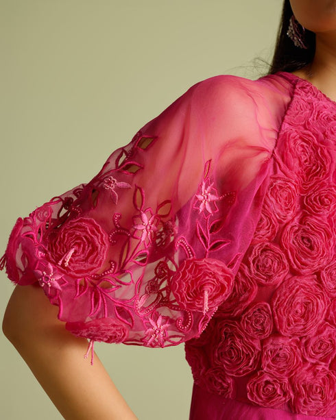 Fuchsia 3D rose applique and cutwork flounce dress