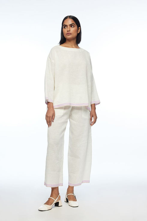 Galushkoi ivory handloom cotton linen elasticated pants