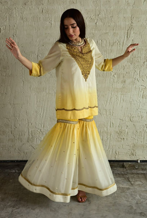 Ghevar yellow ombre kurta with sharara