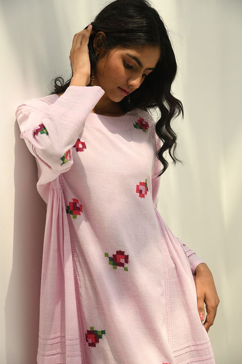 Glomerata pink rose embroidered tunic dress