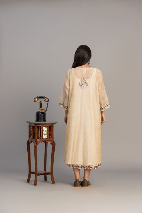 Gold zari silk tissue handloom chanderi V-Neck dress with crushed inner