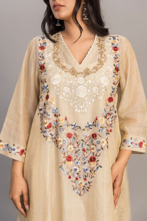 Gold zari silk tissue handloom chanderi V-Neck dress with crushed inner