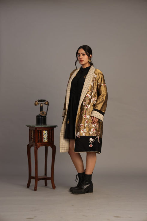 Gold zari silk tissue long jacket