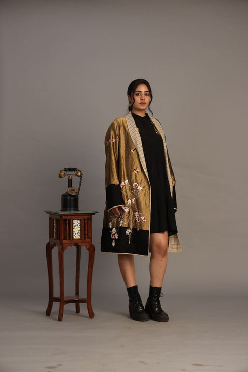 Gold zari silk tissue long jacket