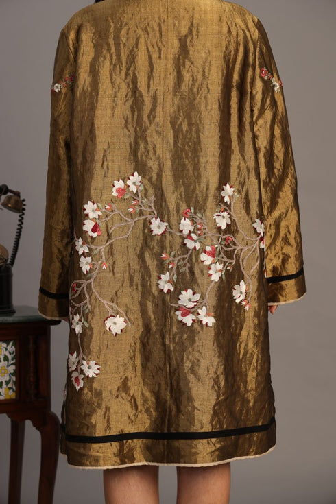 Gold zari silk tissue long jacket