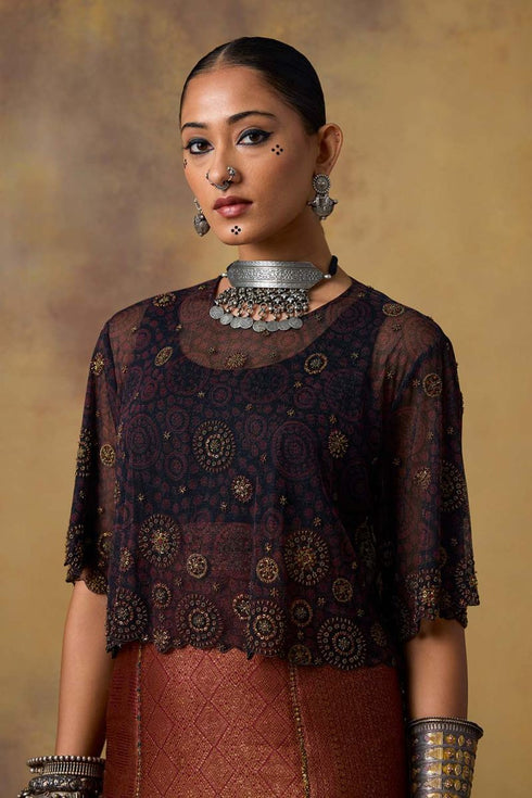 Goonj black ajrakh tulle crop top