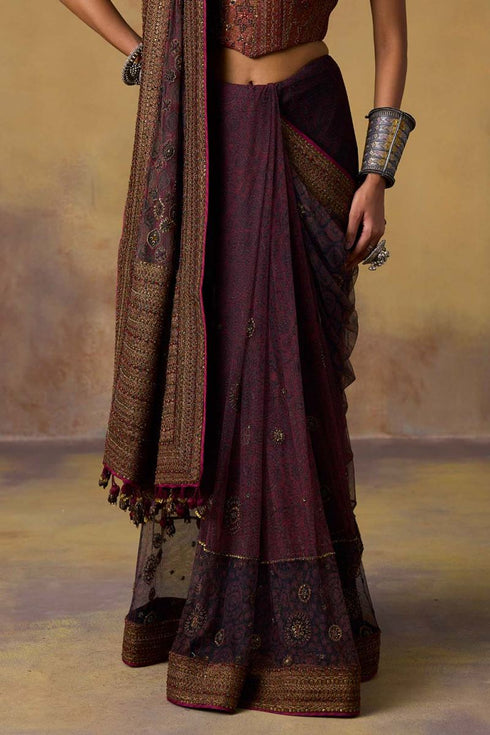 Goonj black ajrakh tulle sari