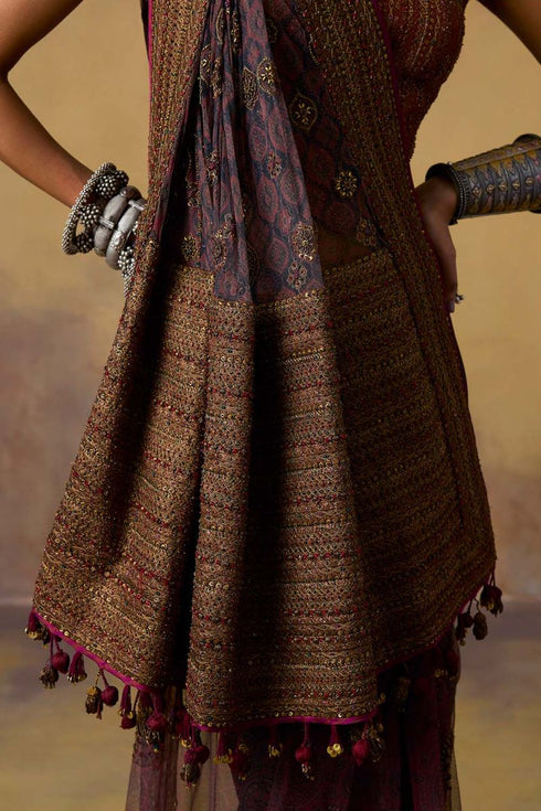 Goonj black ajrakh tulle sari